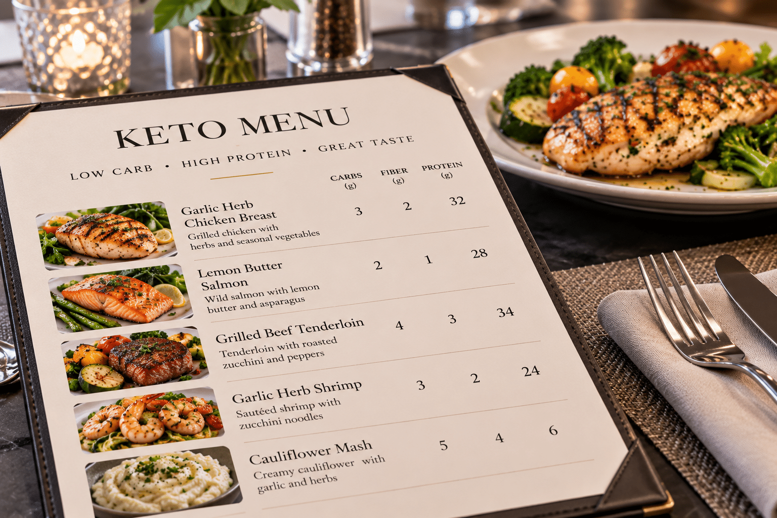 Restaurant menu card showing carb and protein counts for keto menu items