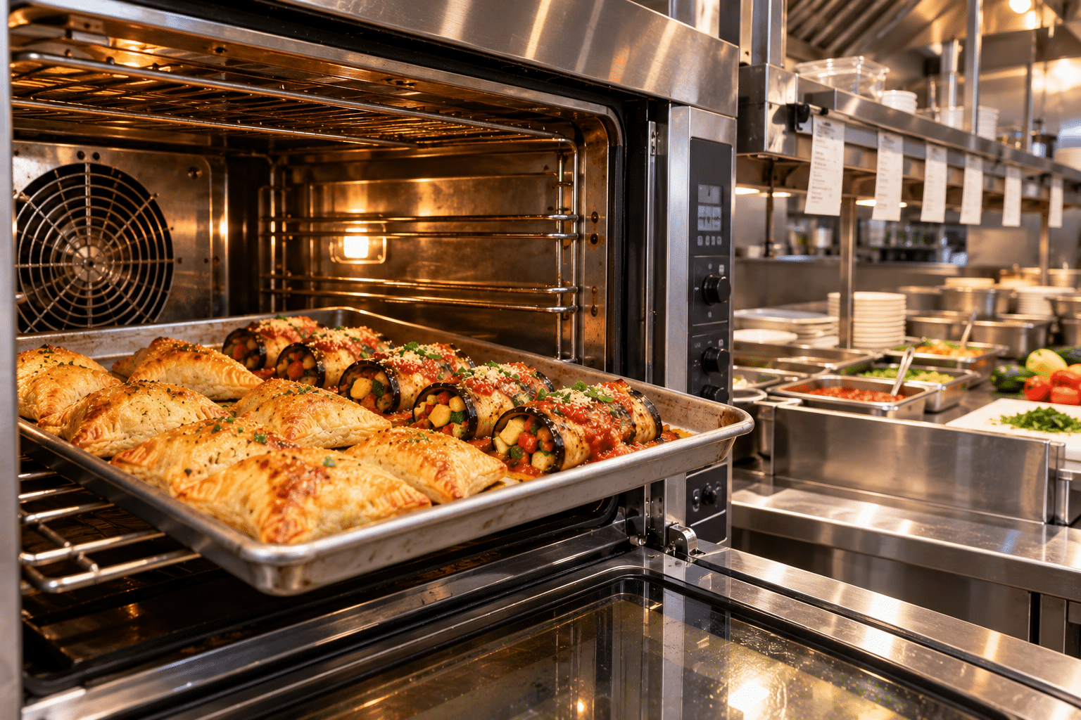 Frozen vegan entrées baking in a commercial restaurant oven