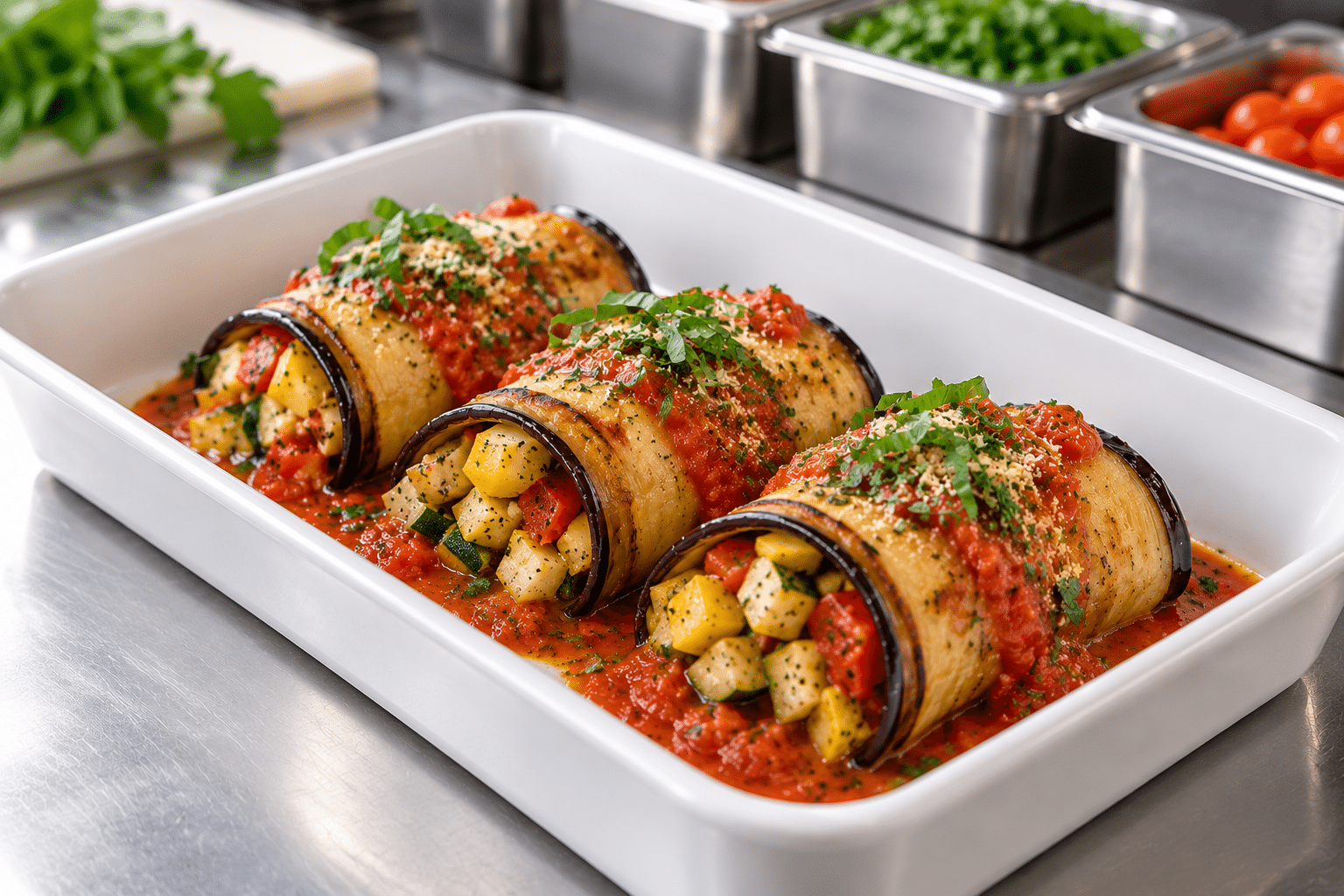 Vegan eggplant rollatini filled with roasted vegetables in a hotel pan