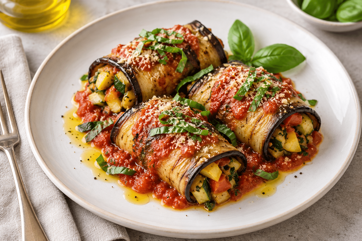 egan eggplant rollatini plated as a restaurant entrée from vegan frozen food wholesale