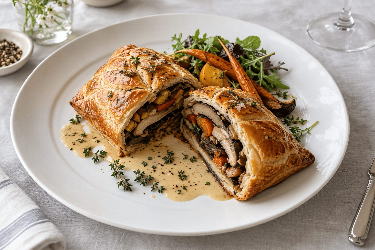 Vegetarian portobello mushroom and vegetable en croute plated for banquet service