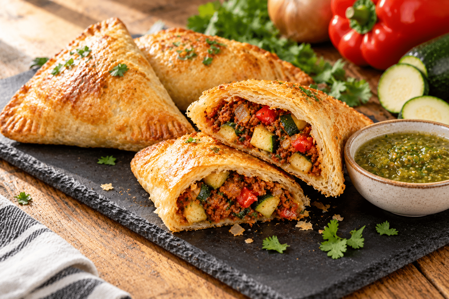 Vegan soyrizo and mixed vegetable turnovers for restaurant breakfast menus