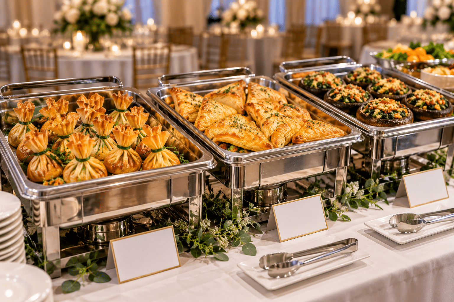 Vegetarian phyllo bundles, turnovers and stuffed mushrooms on a catering buffet